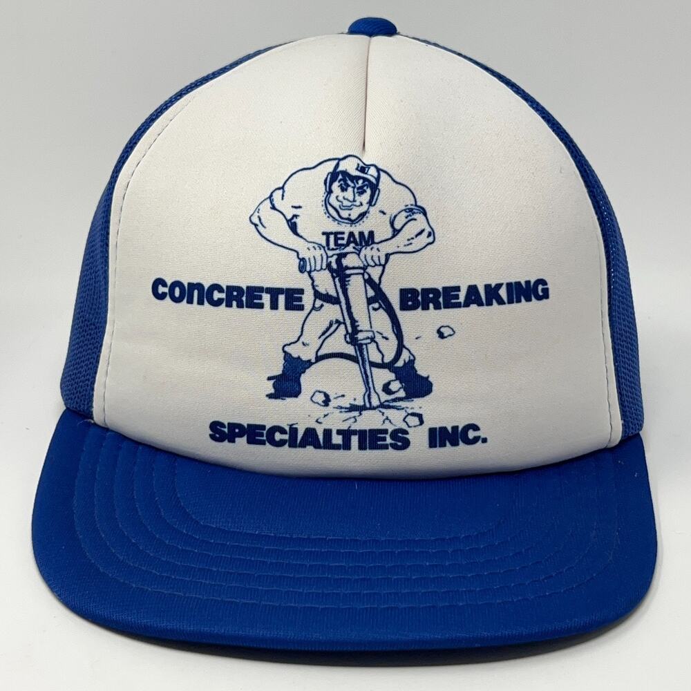 Vintage 80s Concrete Breaking Trucker Hat Baseball Cap Mesh Snapback Blue